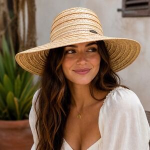 Scala Sun Hat Womens OS Tan Wide Brim Straw Gold Stripe Boho Beach Floppy